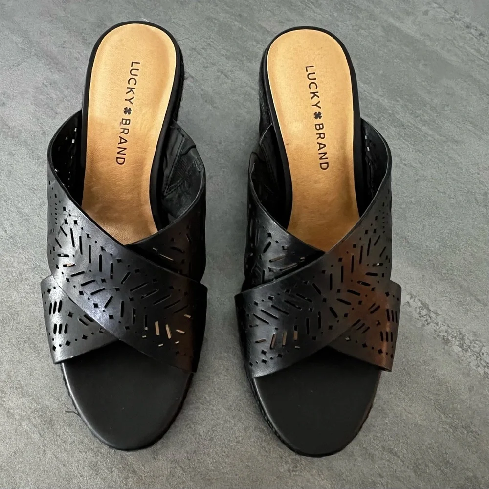 Lucky Brand Black Laser-Cut Leather Wedge Sandals